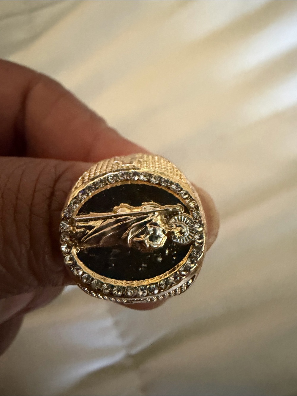 Gold-Tone Black Enamel Men's Signet Ring with Crystal Accent